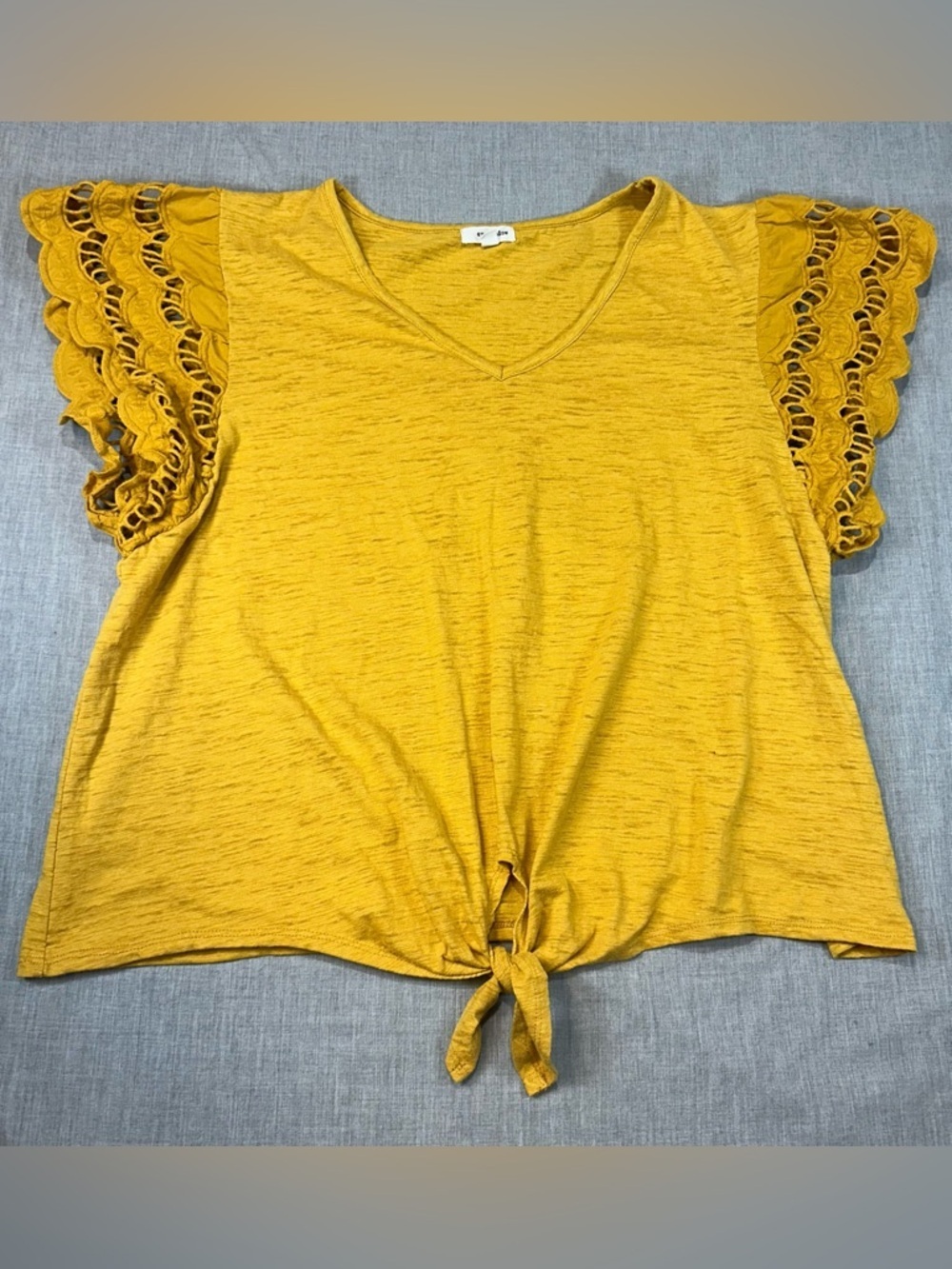 Eyeshadow Mustard Yellow V-Neck Tie-Front Top with Lace Flutter Sleeves